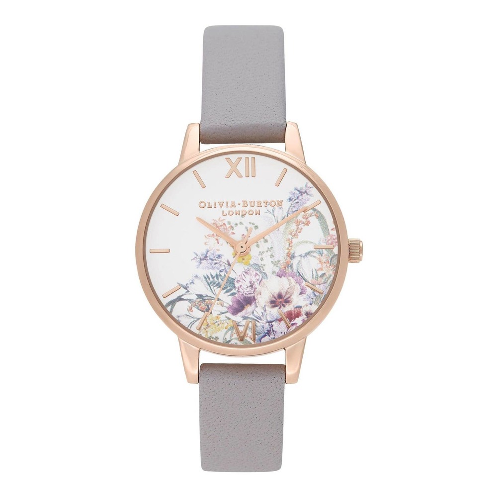 NIB Olivia Burton Enchanted Garden Floral Watch in Gold & Vegan Grey Leather